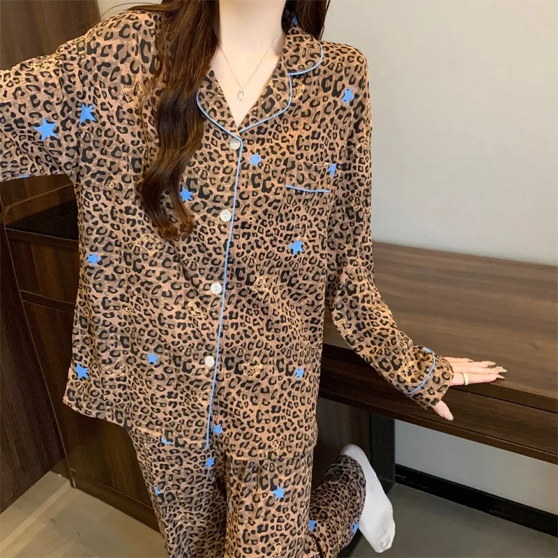 

Leopard Print Star Y2K Vintage 2PC Set Women's Sleepwear Autumn Winter Long Pajamas Set Lapel Neck Basic Loungewear for Woman