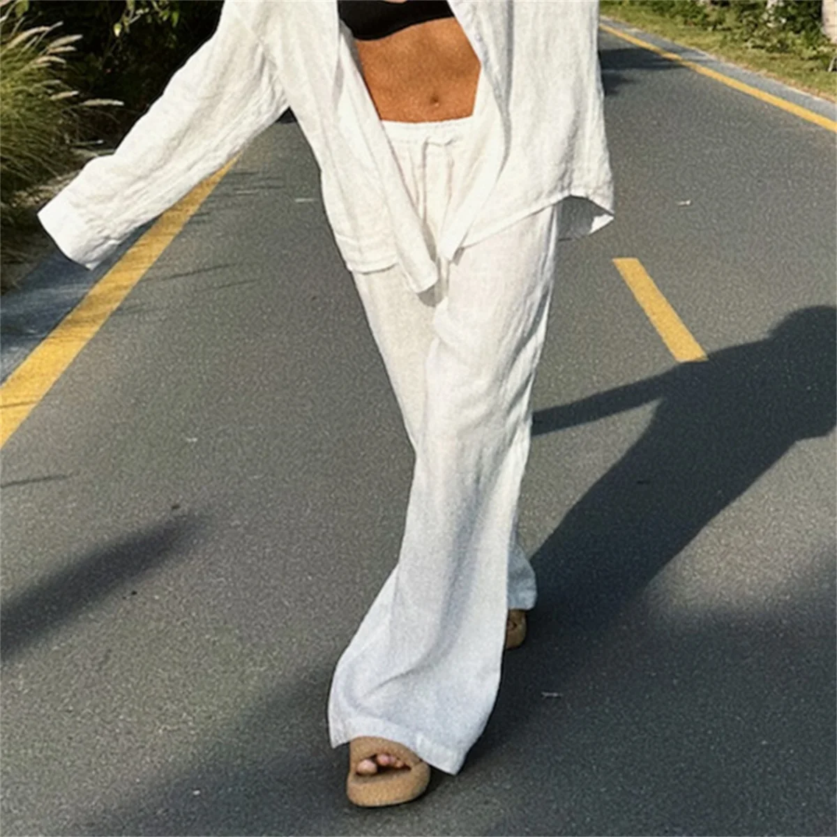 Casual Oversized White Solid Wide Leg Pants Fashion Women Elastic High Waist Pocket Baggy Sweatpant Office Lady Commute Trousers