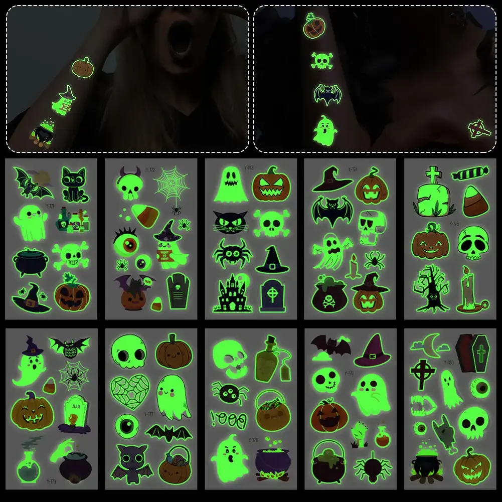 الإبداعية الجديدة هالوين مقاوم للماء العنكبوت الخفافيش شبح الوشم وهمية اليقطين مضيئة لصاقات وشم مؤقت للحزب الرجال النساء