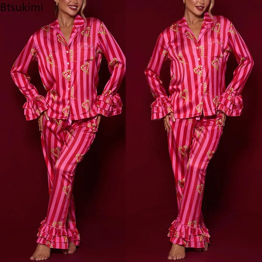 

2024Women's Stripe Ruffled Flared Pajamas Set Graphic Button Down Long Sleeve Shirt Straight Leg Long Pants Loungewear Pants Set