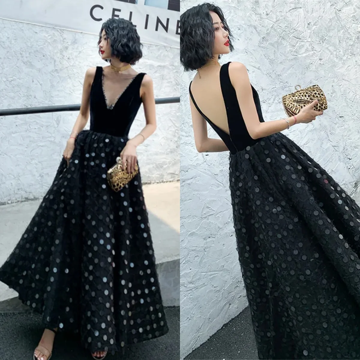 

Evening Dresses Black Sequins Bling V-neck Sleeveless A-line Floor Length Plus Size Women Party Formal Gown E1365 robe de soiree