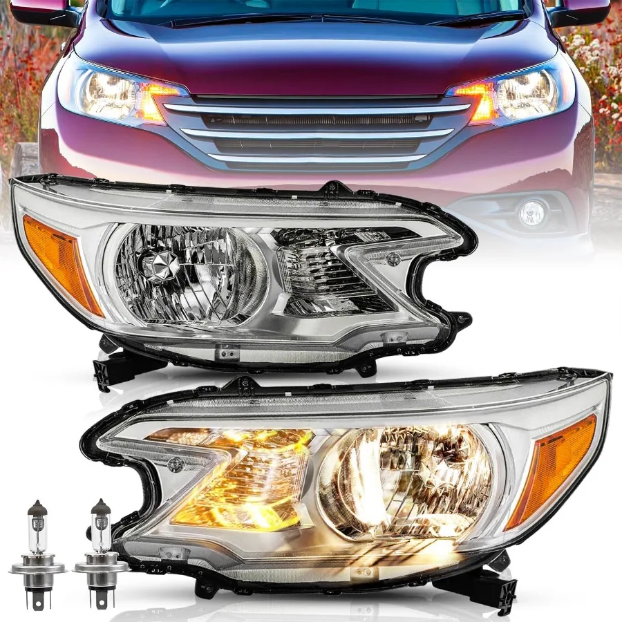 

Headlight Assembly Fit 2012 2013 2014 Honda CRV Halogen Headlamp w Bulbs Chrome Housing with Amber Reflector L+R