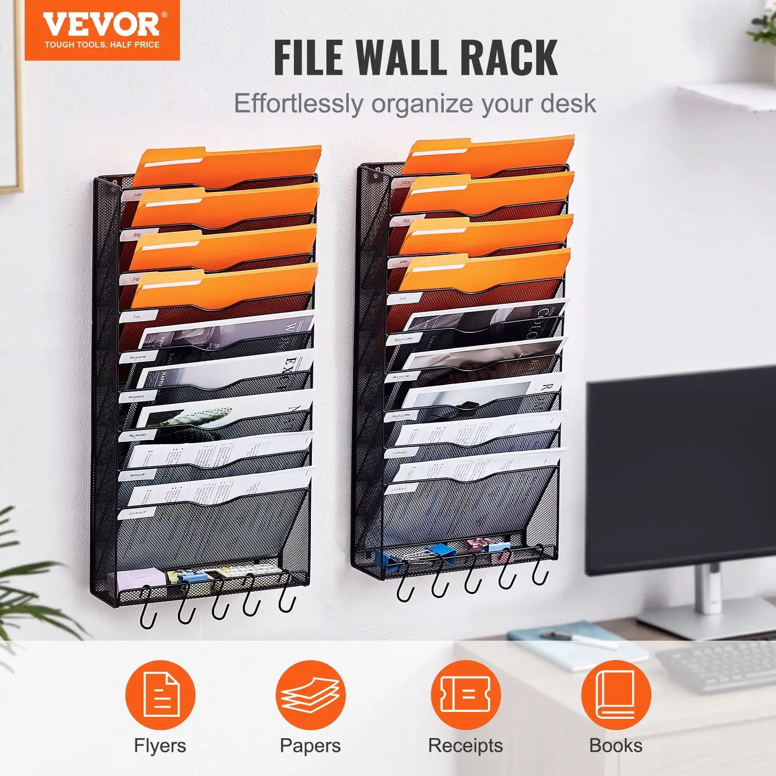 File Wall Rack, Two-Piece 10 Pockets Mesh Wall File Holder, Wall Mounted Magazine Mail Paper  Document Storage Folder