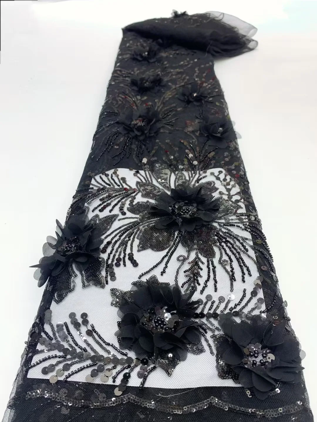 

Новейшая кружевная ткань с 3D цветочной вышивкой, Дубай, ткань высокого качества, 2025 г., кружевная ткань с бусинами и блестками, тюль, кружево для шитья NFS6245