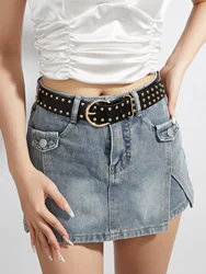 1pc Men's Black Punk Vintage Bohemian Gold Round Buckle Rivet Belt Jeans Accessory, Suitable For Daily Wear
