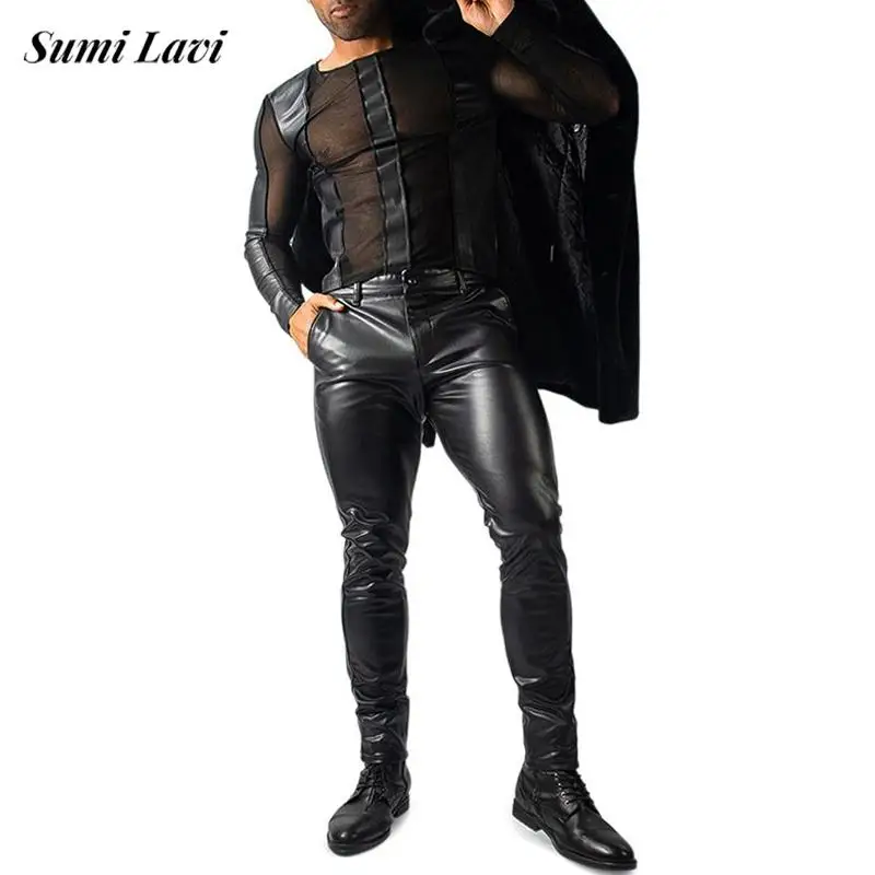 Vintage Men's PU Leather Straight Pants Spring Fall Sexy Mens Solid Color Elastic Skinny Trousers Men Party Fashion Trousers