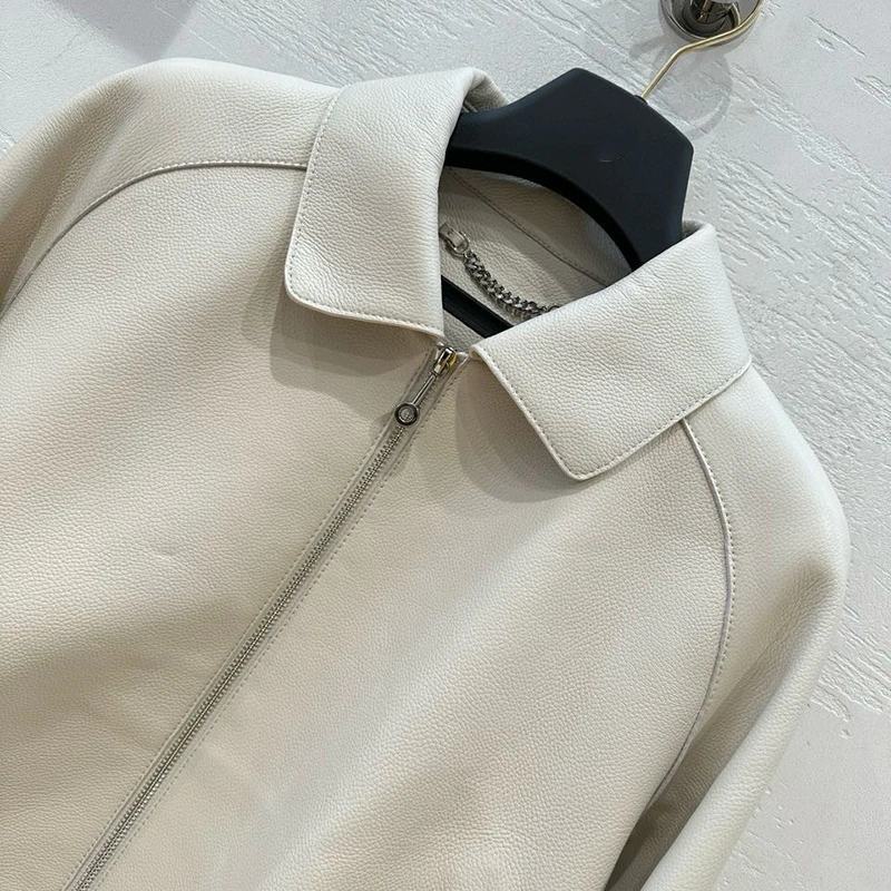 天然レザージャケット春秋の女性のシープスキンライチストリア小さなラペルジッパーショートルーズカジュアルコート Echtes Leder Jacke