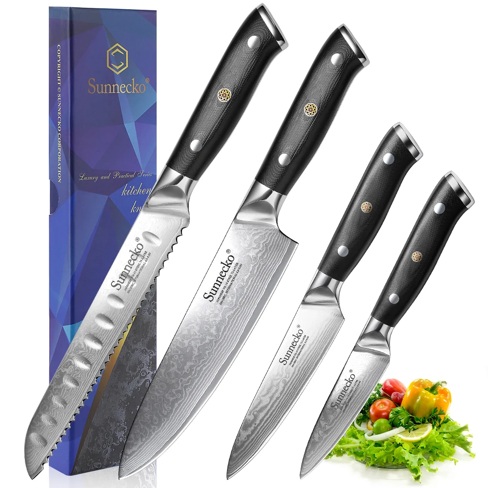 SUNNECKO Kitchen Knives 1-4PCS/Set 8\'\' Chef‘s Bread 5\'\' Utility 3.5\'\' Paring Knife Damascus Steel VG10 G10 Handle Cooking Tool