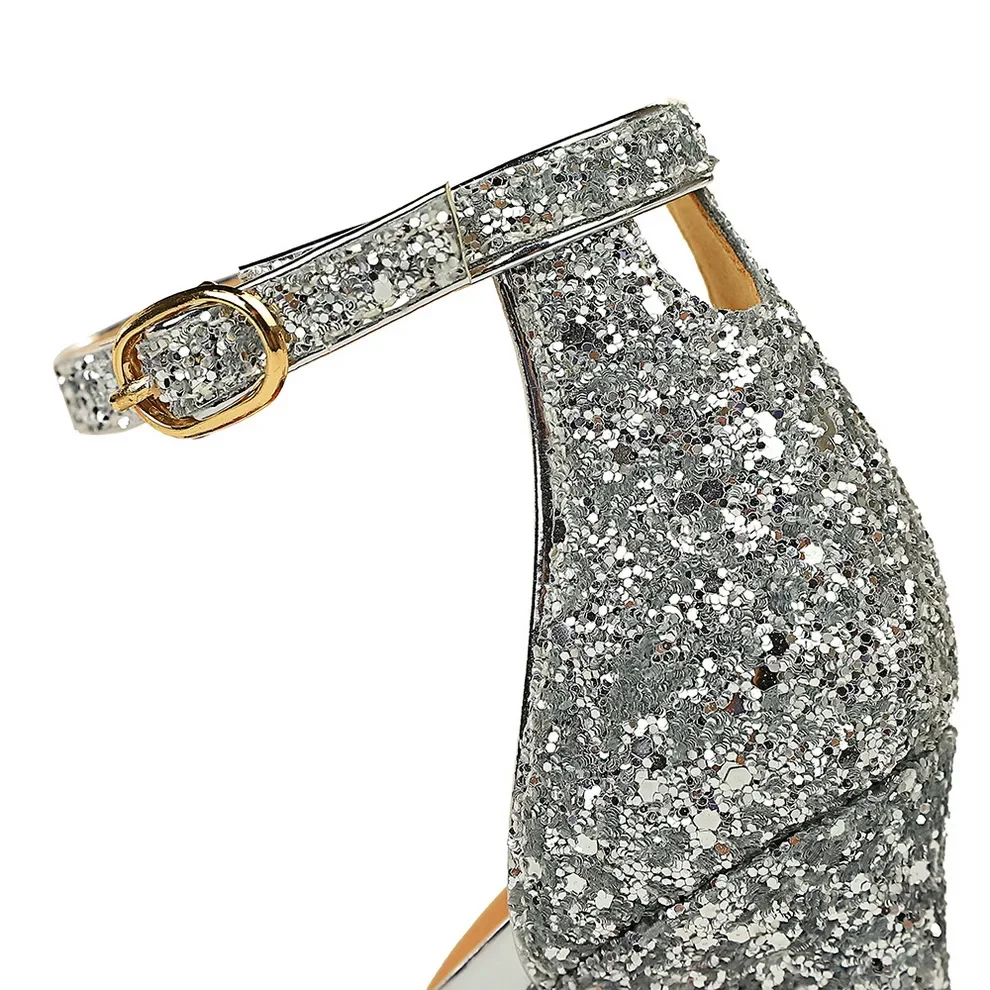 Sandali con plateau estivi da donna Tacchi alti da 10 cm Sandali con cinturino alla caviglia con paillettes argento bling Scarpe fetish scintillanti