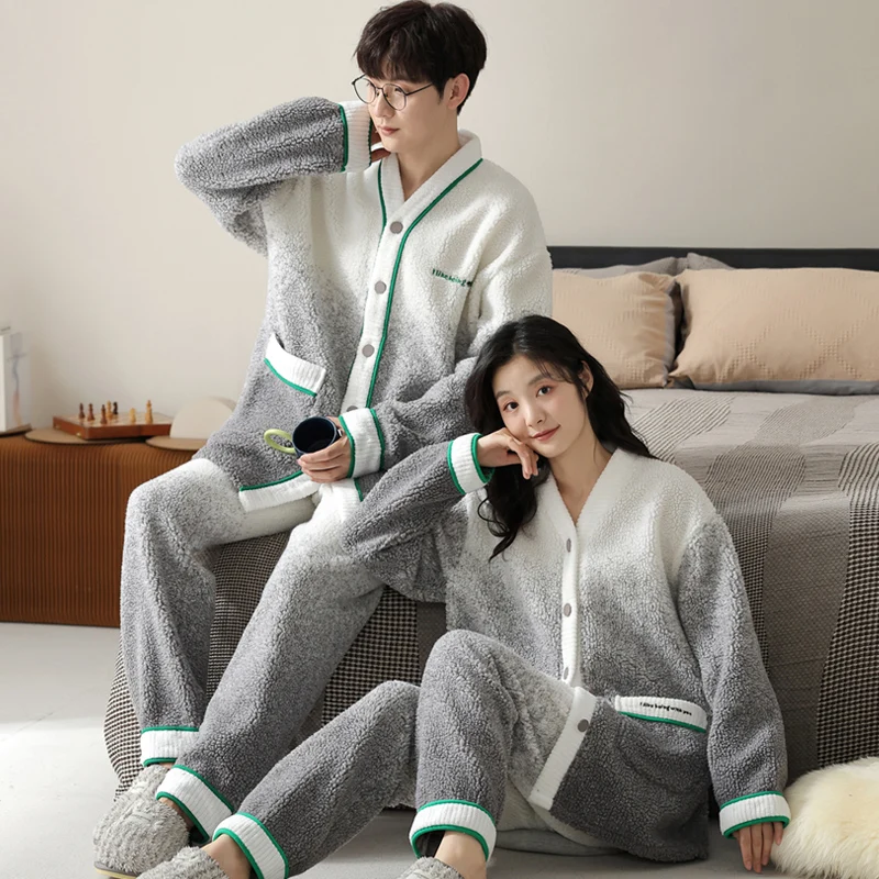 Japan Kimono Winter Warm Nightwear for Couples Cardigan Coral Fleece Pajamas Set Women and Men Matching Flannel Loungewear Mujer