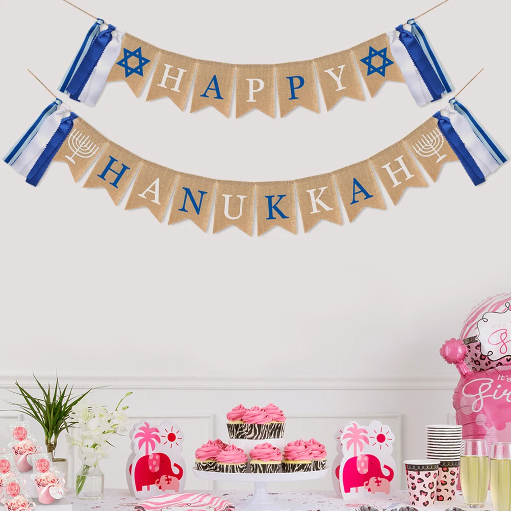 

Happy Hanukkah Party Banner Swallowtail Shape Tassel Decoration Mantle Fireplace Photo Booth Linen Material Pastel Rainbow