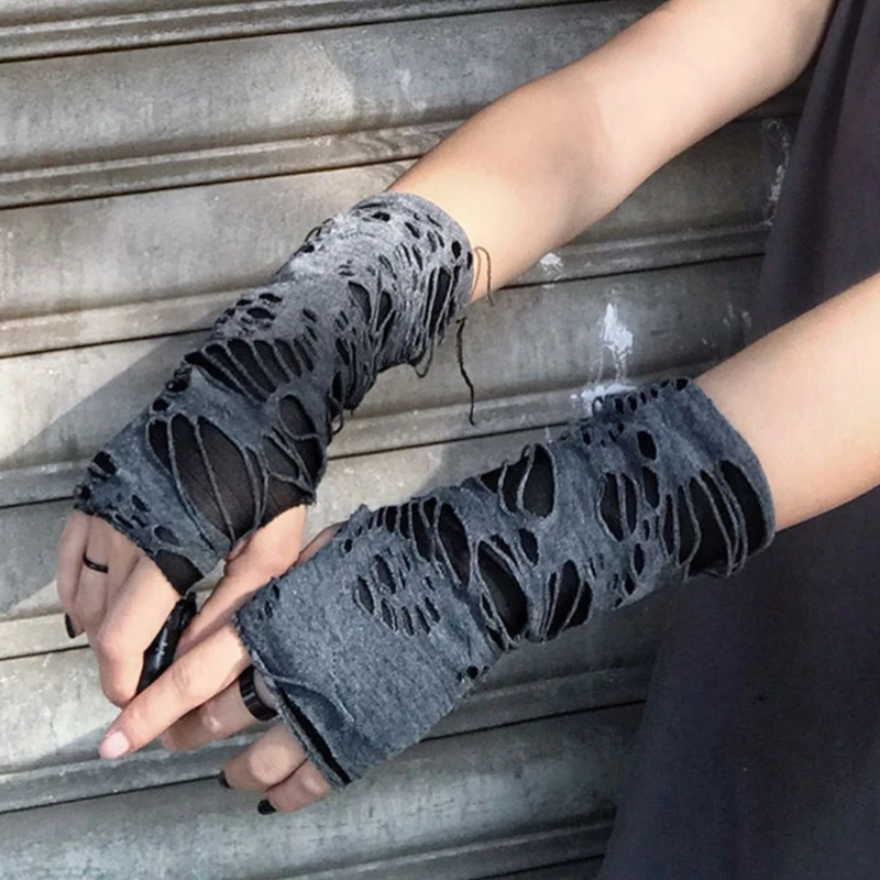 Punk Fingerless Gloves Ripped Sleeve Gothic Wrist Gloves Distressed Gloves for Halloween Masquerade Prom Gloves