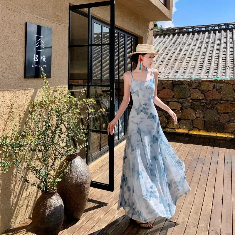 Women's Summer New Blue Spaghetti Strap Tulle Dress Butterfly Print Bodycon Pencil Dress Trendy Beach Vacation Party Robe Vibe