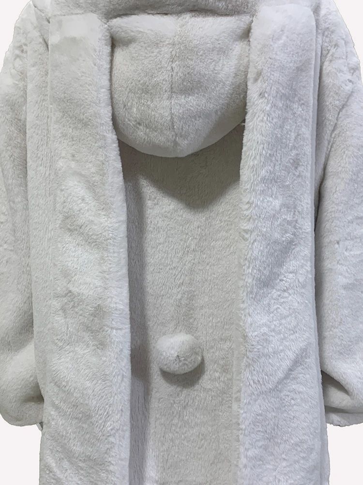 nerazzurri Autumn Winter Cute Sweet White Warm Soft Faux Fur Coat Hoodie Women with Bunny Ears Horn Buttons Fluffy Jacket 2024