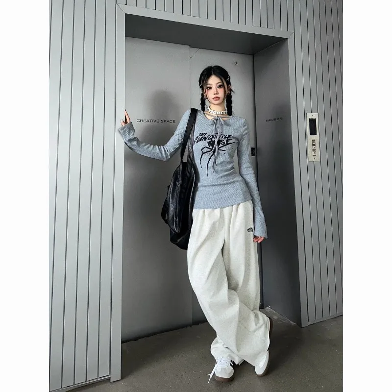 Y2K Top Vintage Printed Positive Shoulder Korean Fashion Spider graphic t shirts Women Harajuku Street Fit Long Sleeve Short Top