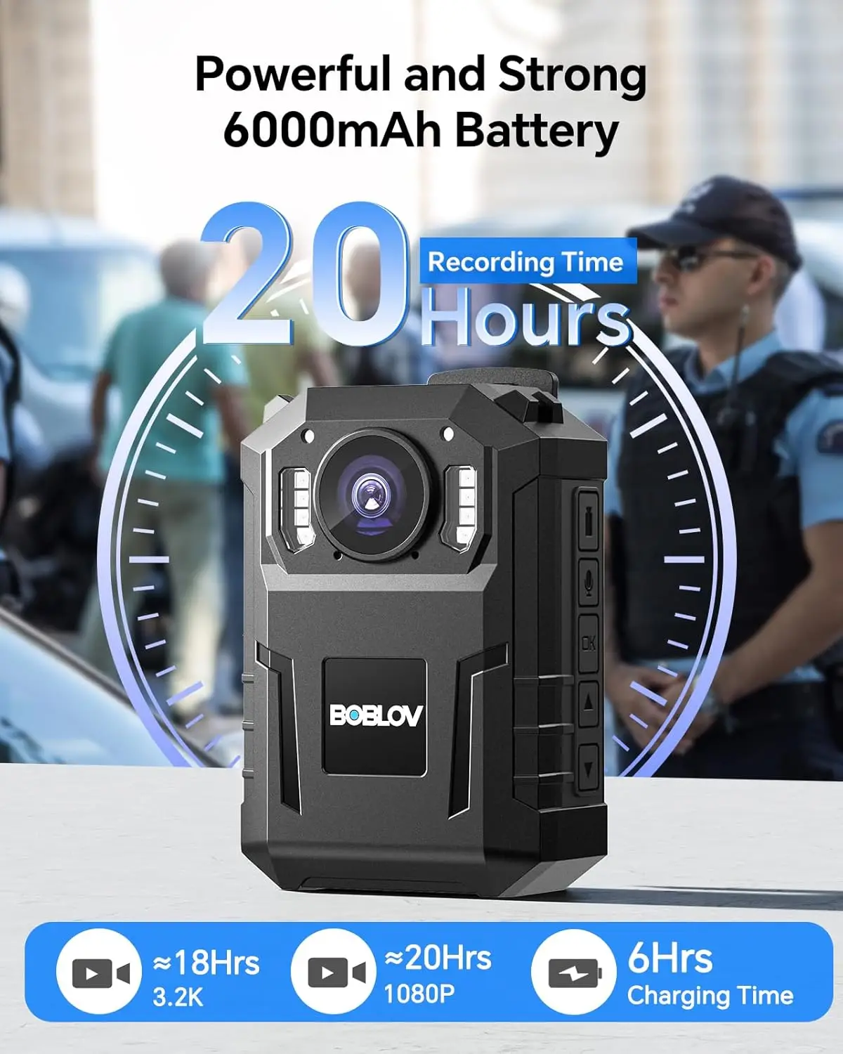 BOBLOV M10 3,2 K cámara corporal 6000mAh batería grande grabación de 20 horas 128GB cámara de seguridad policial con función GPS cámara desgastada por el cuerpo