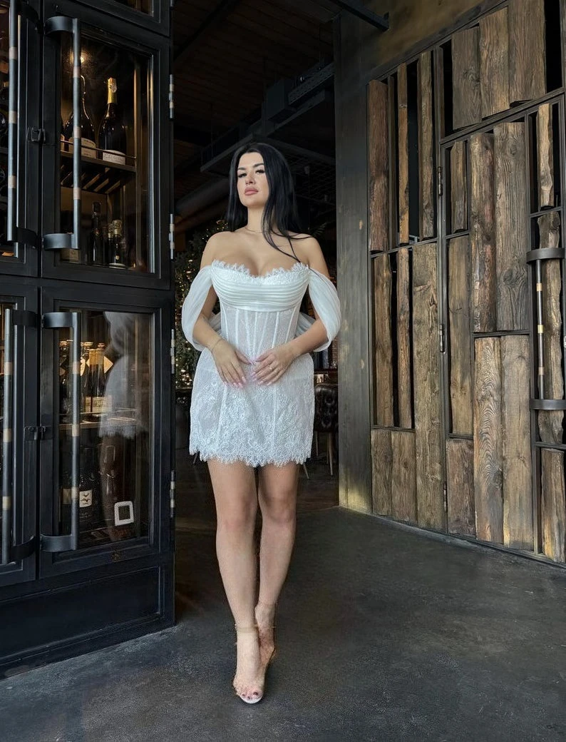 الدانتيل فساتين زفاف قصيرة فستان الزفاف دش مشد قبالة الكتفين فستان الزفاف فساتين حفلات الكوكتيل الكرة ثوب