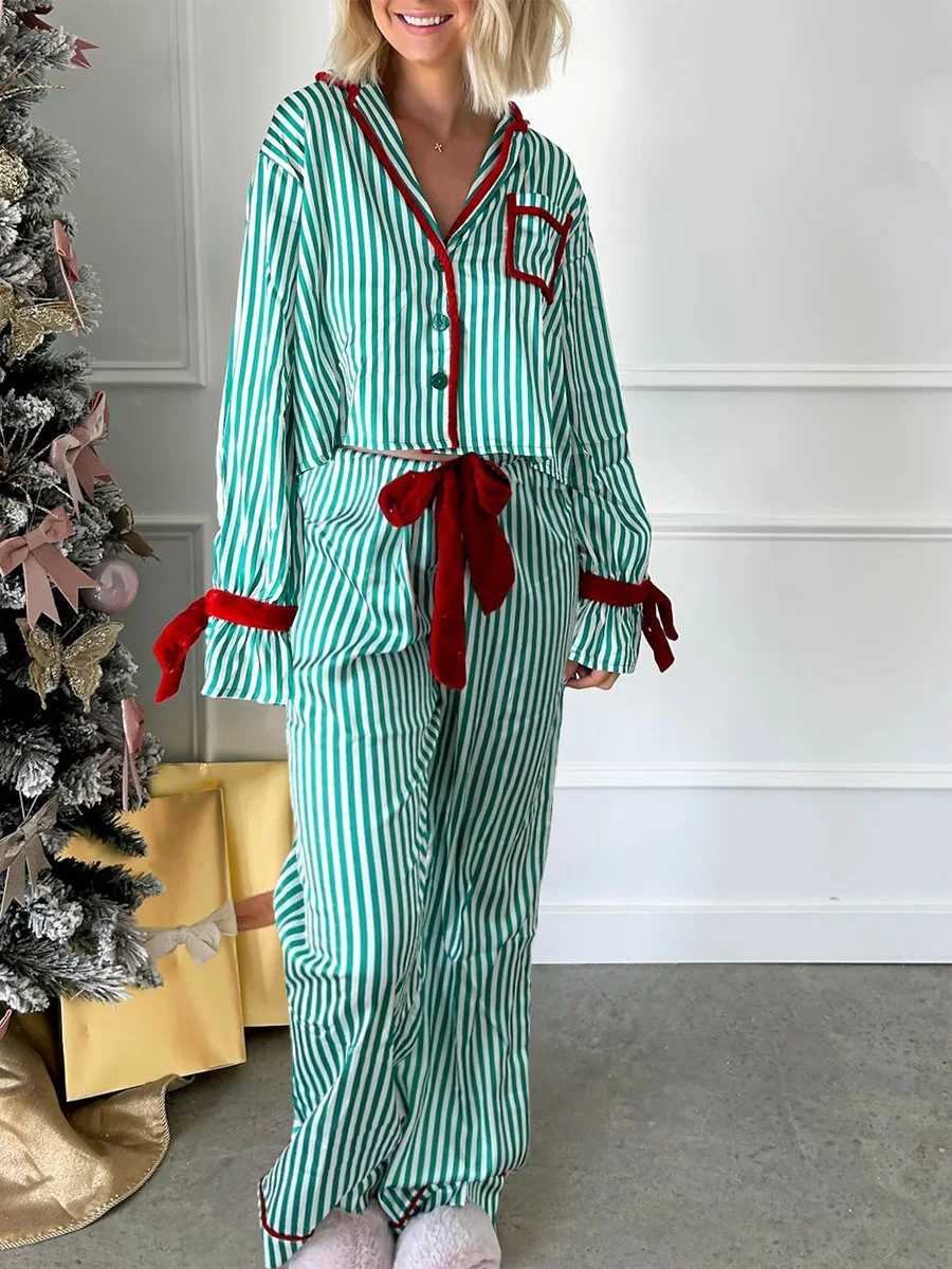 Womens Striped Pajama Set Long Sleeve Button-up Crop Tops Bow Long Pants 2 Piece Sleepwear Outfit