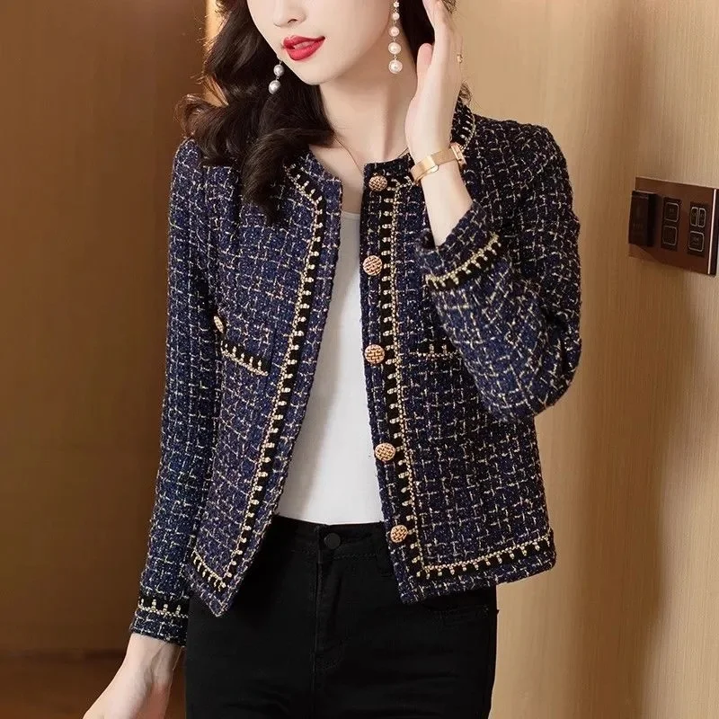 High Quality French Vintage Small Fragrance Tweed Jacket Coat Women\'s Spring Autumn Casual Fried Street Short Coat Plaid Outwear