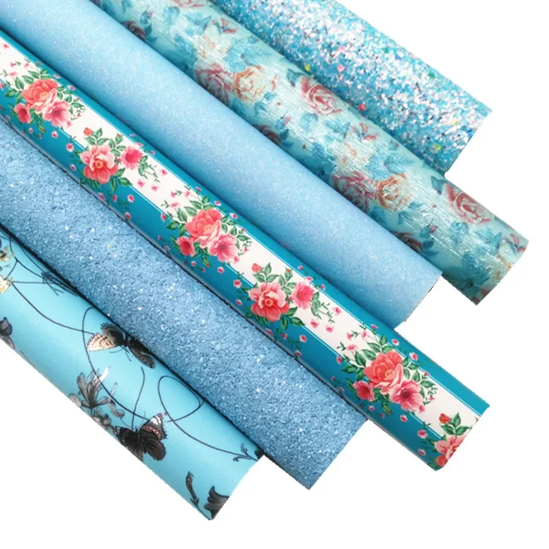 Blue Chunky Glitter Leather Sheets Roses Stripes Flowers Printed Leather Glitter Fabric Material for DIY Craft 8.2