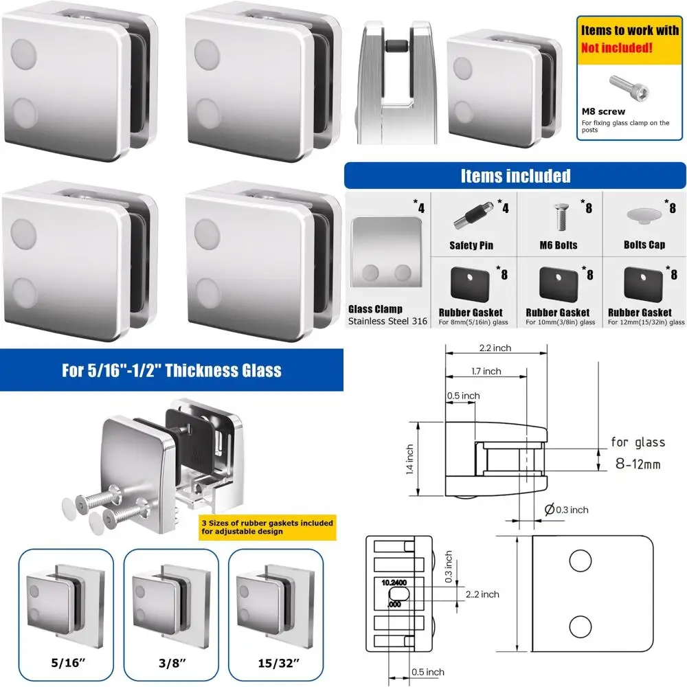 

Adjustable Stainless Steel Railing Clamps for 5/16, 3/8, and 1/2 Glass, Suitable for Stairways and Shelves with Brushed Finish