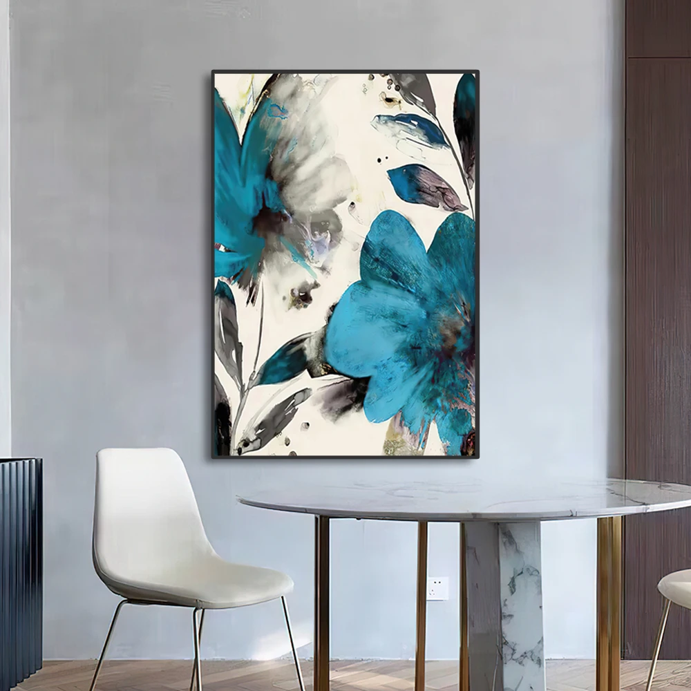 النباتية جدار الفن قماش لوحات الحياة تزهر ، Paint الأزرق الطلاء الزهور ، غرفة المعيشة الملصقات ، جدار الفن الديكور ، 3 قطعة