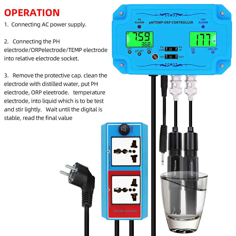 Controlador de medidor de temperatura de PH ORP 3 en 1, Detector de PH-2839, sonda tipo BNC, probador de calidad del agua para piscinas de acuario