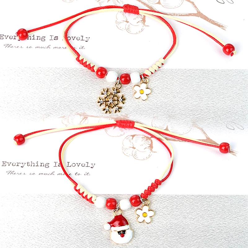 1PC Christmas Braided Rope Bracelet For Women Girl Santa Claus Elk Snowflake Pendant Pendant Bracelet Happy New Year Party Gift