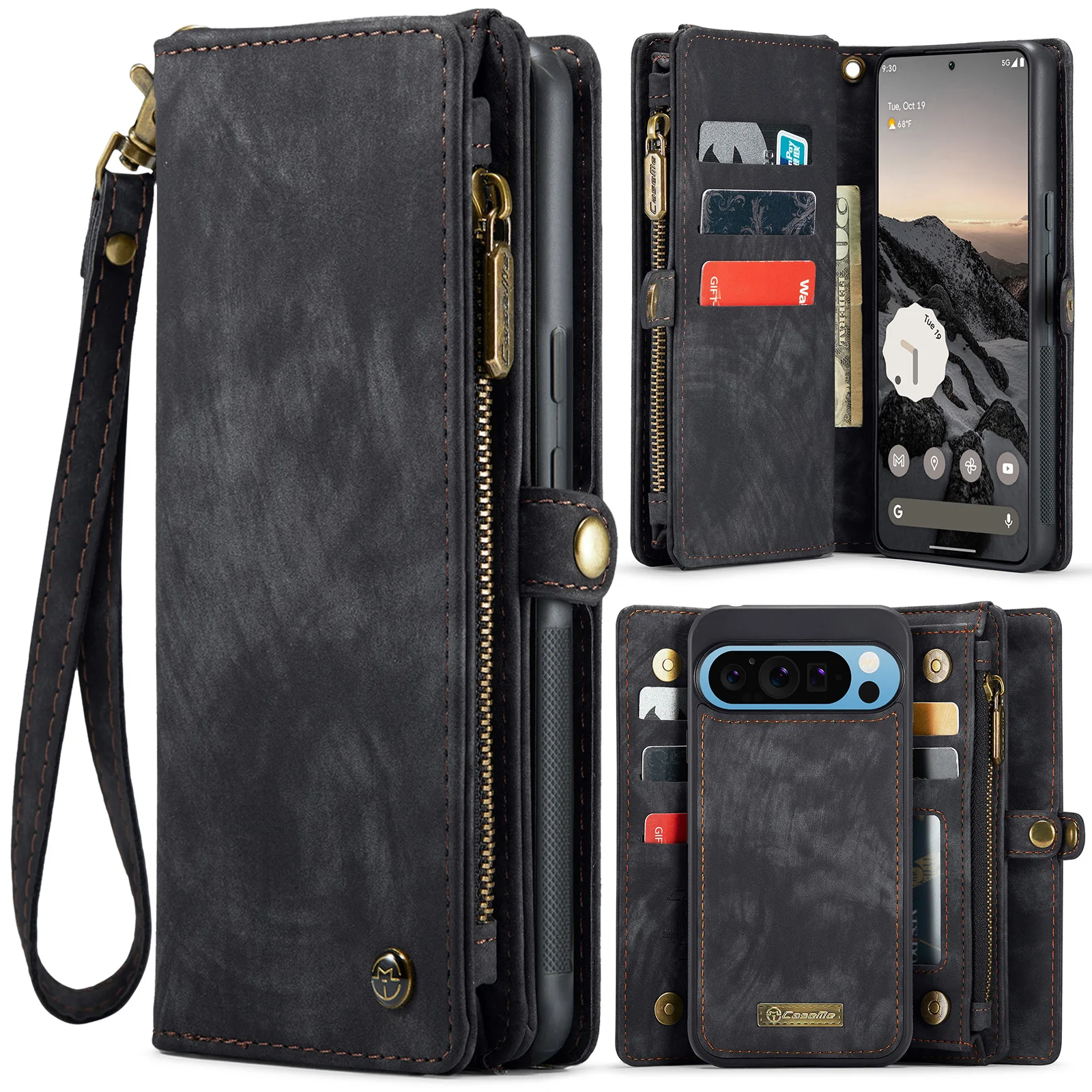 CaseMe Shockproof Leather Detachable Card Holder Wallet Case for Google Pixel 9 Pro XL, Zipper Purse Card Slot Stand Phone Cover