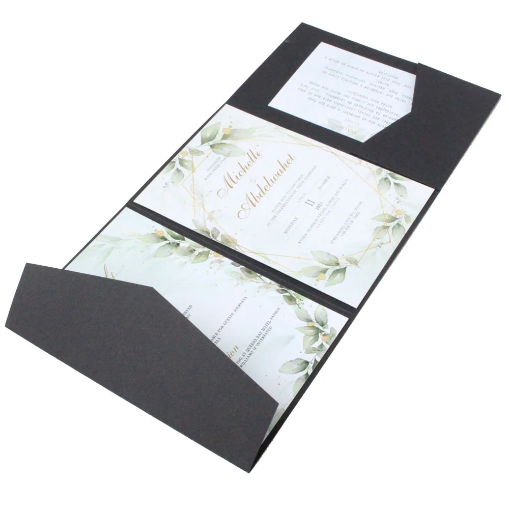 Matte Black Pocket Wedding Invitations Quarter Fold Custom Inserts Printing 250G Marriage Birthday Bridal Shower Card Envelop