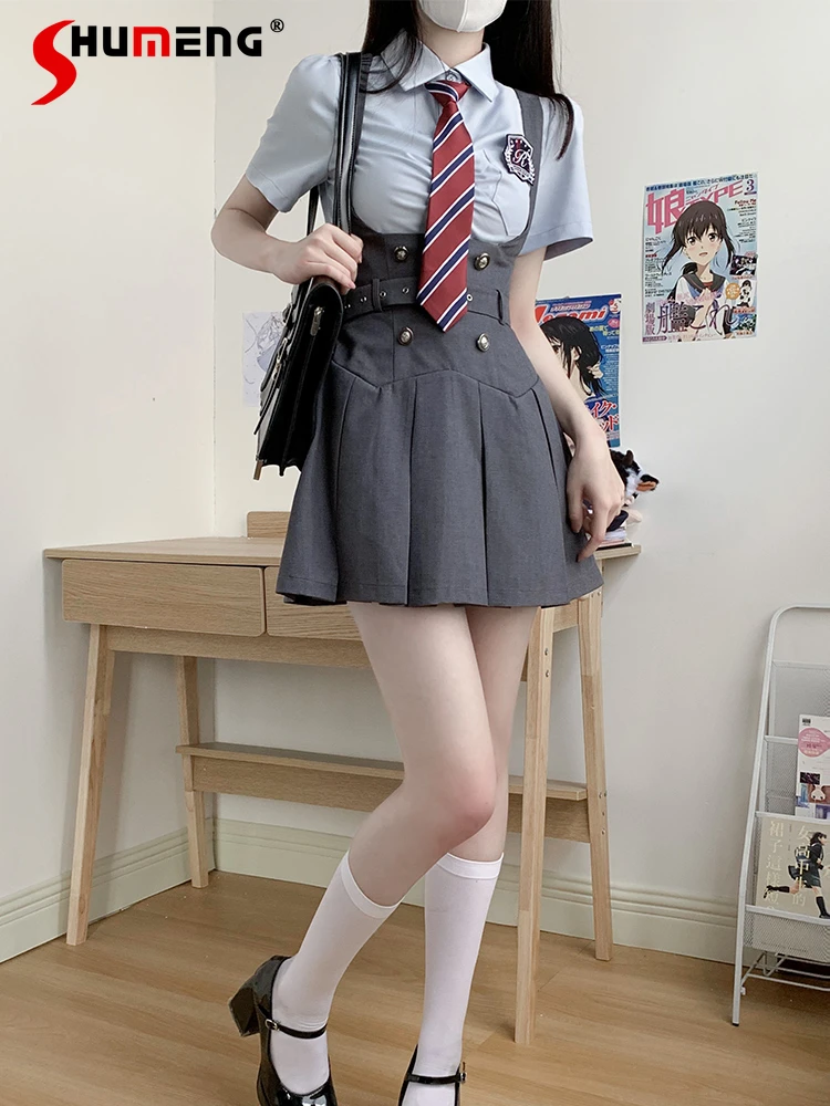 Japanese Preppy Style Uniform Suspender Dress Sets Polo Collar Blue Shirt High Waist Slim-Fit Pleated Dress Two-Piece Set Women