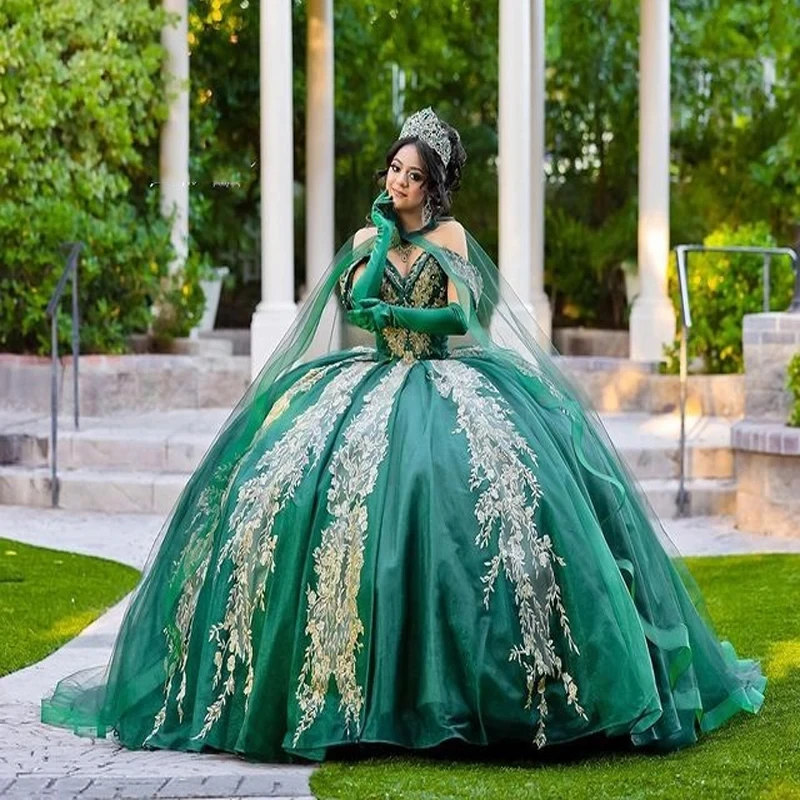 Vestido De fiesta De princesa para niña, traje verde con Apliques De encaje, cuentas con capa, quinceañera, 15 Años, 16