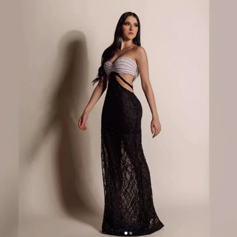 

2025Новое роскошное платье без бретелек с бисером и стразами, модное светское вечернее платье