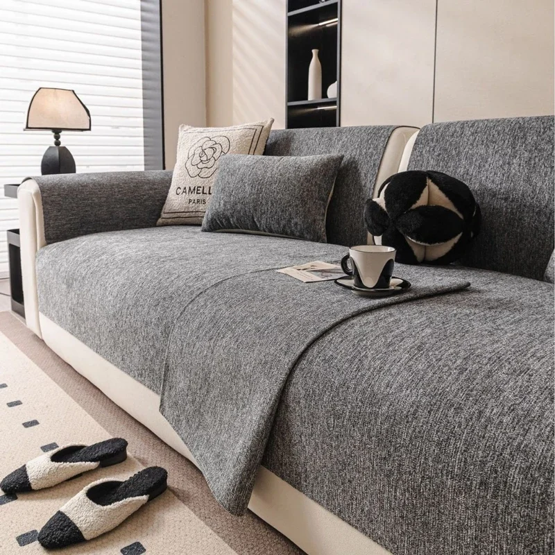 Solid Color Chenille Sofa Cushion Cover Soft Breathable All Season Couch Pad Living Room Furniture Protector