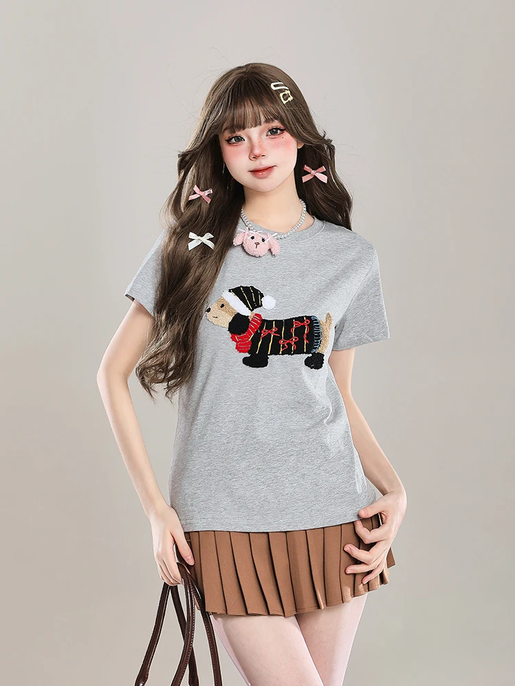 

Футболка Slim Fit с коротким рукавом и принтом в виде собачьей шапки, креативный летний топ с принтом для женщин, круглый вырез, короткая длина