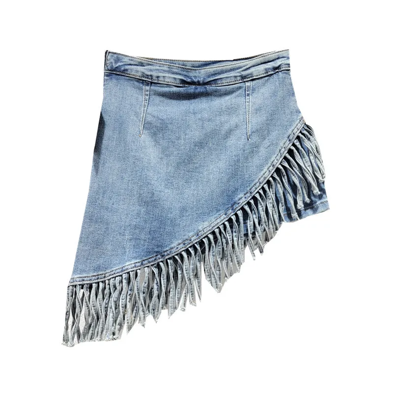

Новые джинсовые шорты-юбка 2026 года в уличном стиле с асимметричным дизайном и бахромой, с высокой талией, женские, облегающие, А-силуэт, модные, до колена