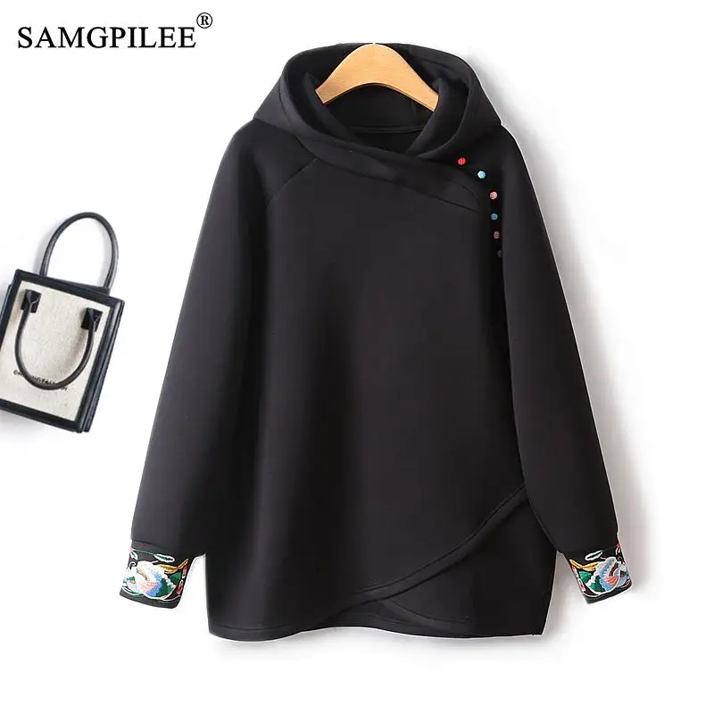 

New Chinese Style Women Sweatshirts Hooded Colorful Buttoned Loose Space Cotton Black Embroidered Korean Reviews Many Clothes