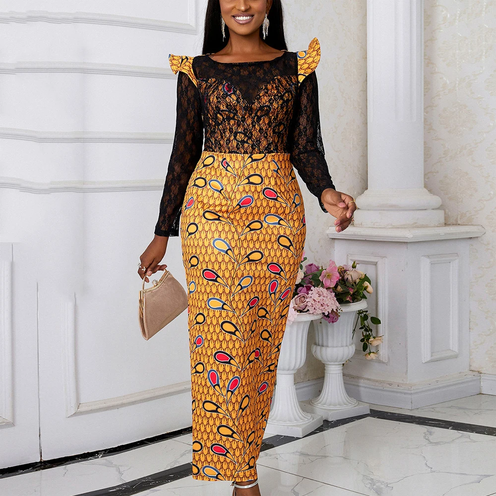 

Vintage Long Dresse for Women Round Neck Lace Patchwork Full SLeeve Yellow Printed Sheath Back Split Luxury Birthday Party Dress