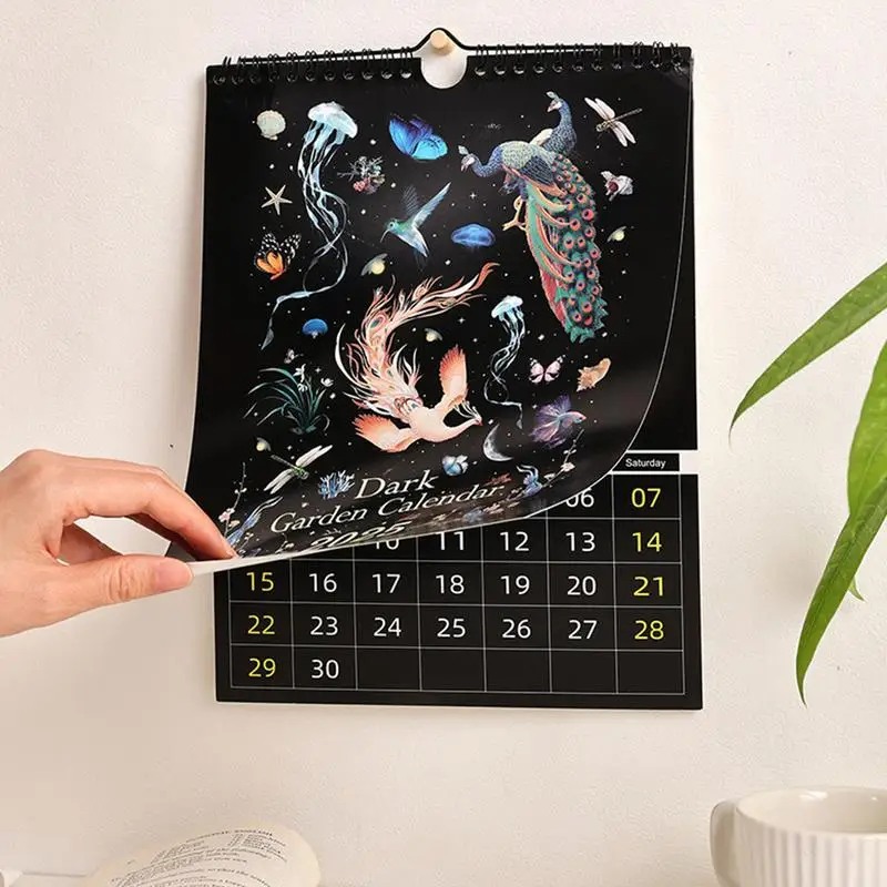 Dark ForestLunar Calendar 2025,Wall Calendar Colorful Waterink Wall Hanging Calendars with 12 Original Illustrations for Home