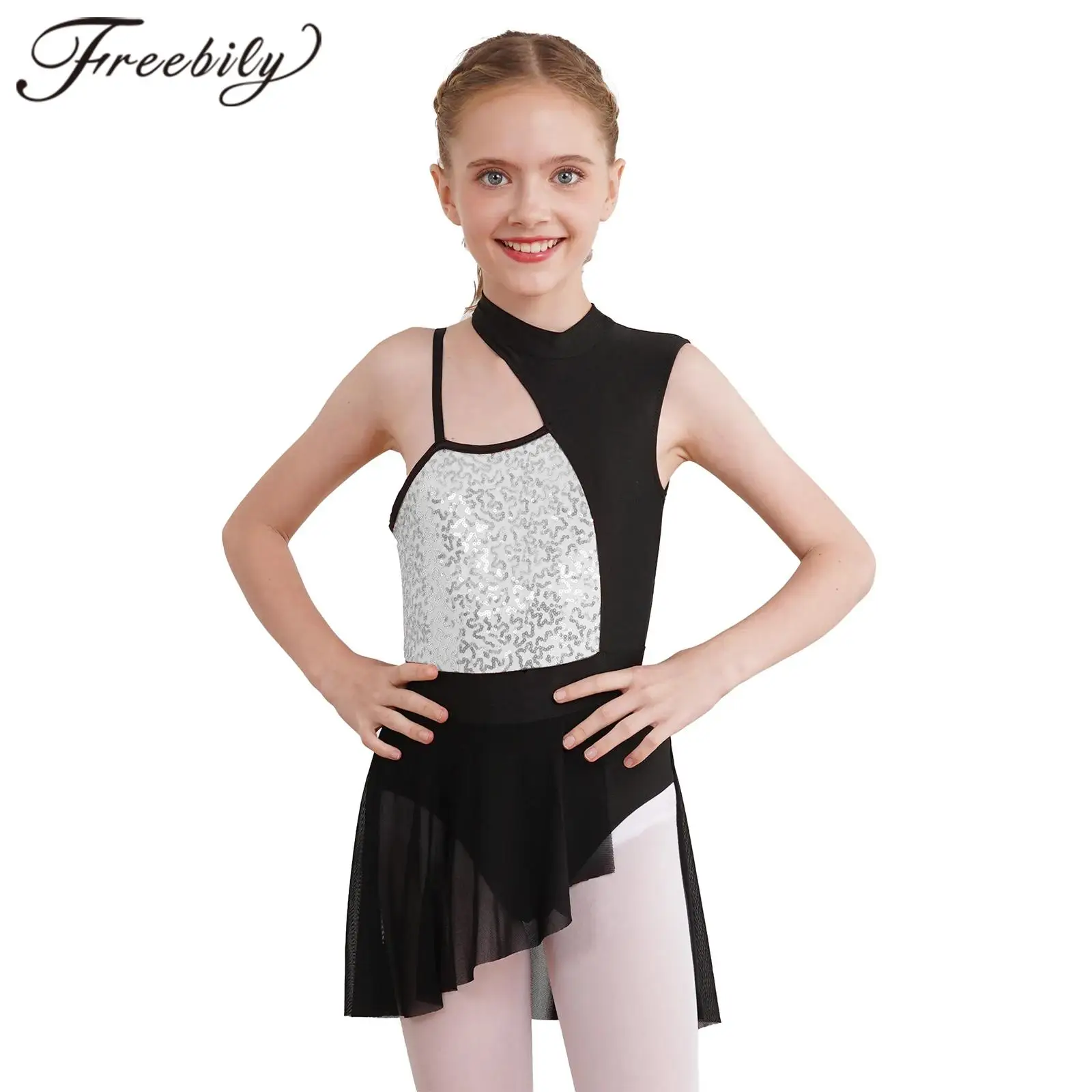 

Kids Girls Ballet Gymnastics Leotard Dress Shiny Sequins Modern Lyrical Dance Costumes Teens Ice Skating Dress Dancewear