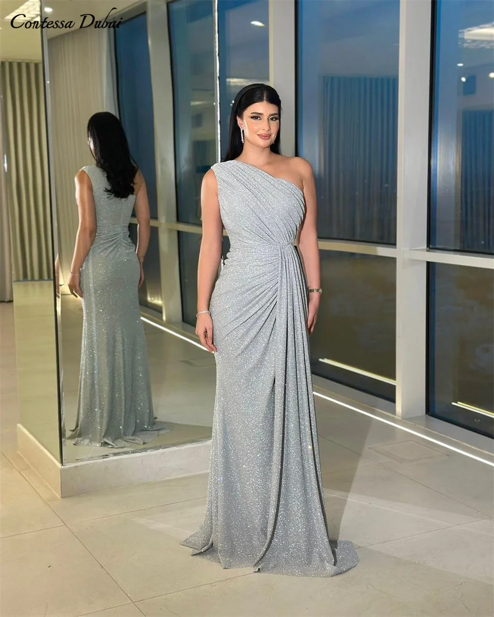콘테사 두바이 커스텀 글리터리 프롬 드레스 우아한 원숄더 이브닝 드레스 컬럼 러플 오버스커트 포멀 이브닝 드레스