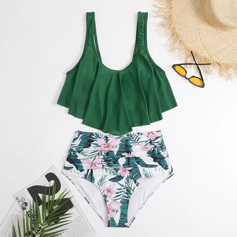 Ruffles Bikini Set Women Push-up Padded Plus Size Overlay Print Bikinis Swimsuit Fashion Beachwear Hight Waist Swimsuits Newest