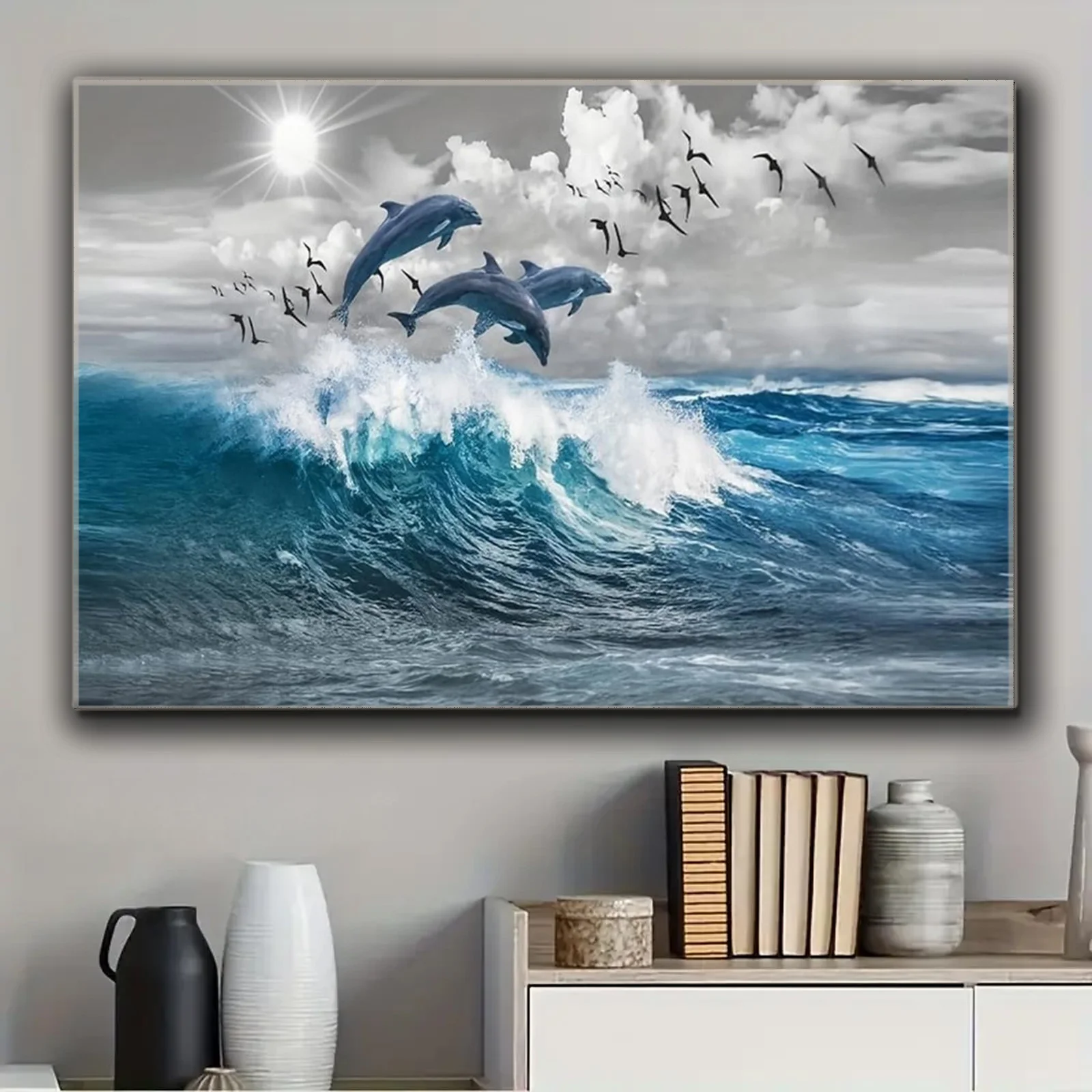 Leaping Dolphins Poster And Prints Raging waves Canvas Painting Ocean scenery Wall Art Picture for Living Room Home Decor Gift