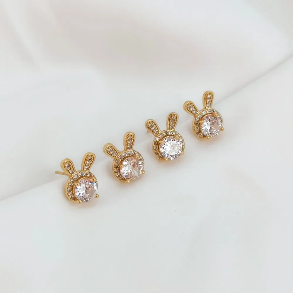 

14K Gold-plated and Zircon Crystal Small Rabbit Stud Earrings, S925 Silver Stud Earrings, Material