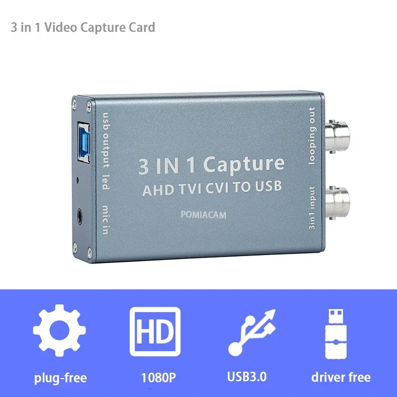 3-in-1 Video Capture Card TVI CVI Input USB Output Computer 1080P HD Drive-free Support Loop Out