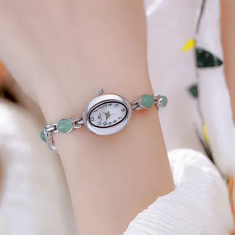 High-end Luxury Woman Watch Natural Jade Gold Bracelet Fashionable Retro Oval Quartz Ladies Dress Watches Small Dial Gold Silver
