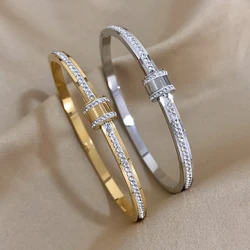 Luxury Stainless Steel Gold Color Zirconia Cylinder Bracelets Bangles for Women Fashion Girls Waterproof Jewelry Gifts