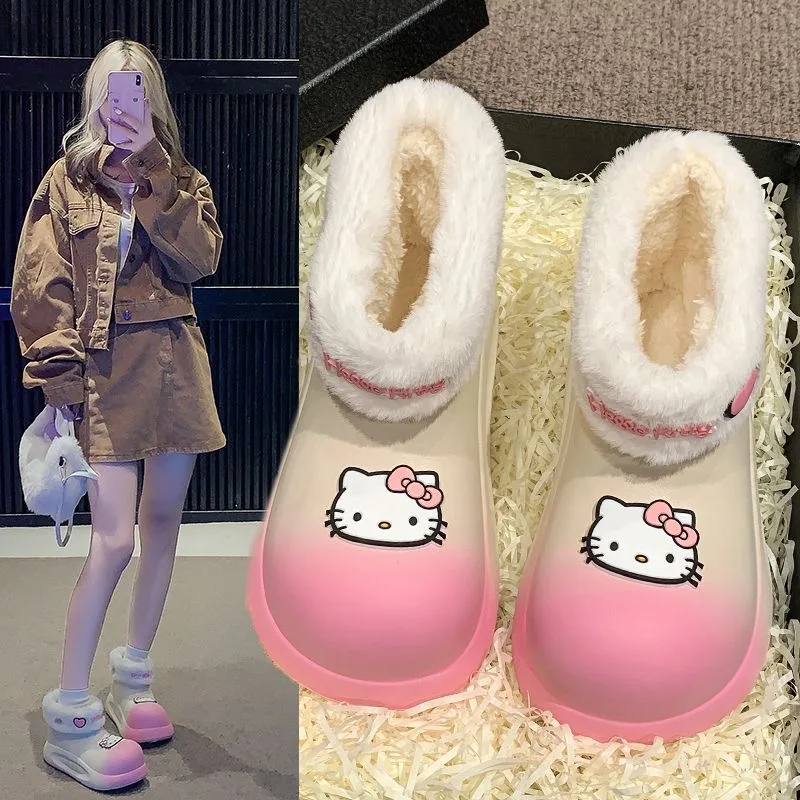 

Kuromi thick soled snow boots for women's winter Hello Kitty short boots with anti slip and detachable inner lining cotton shoes