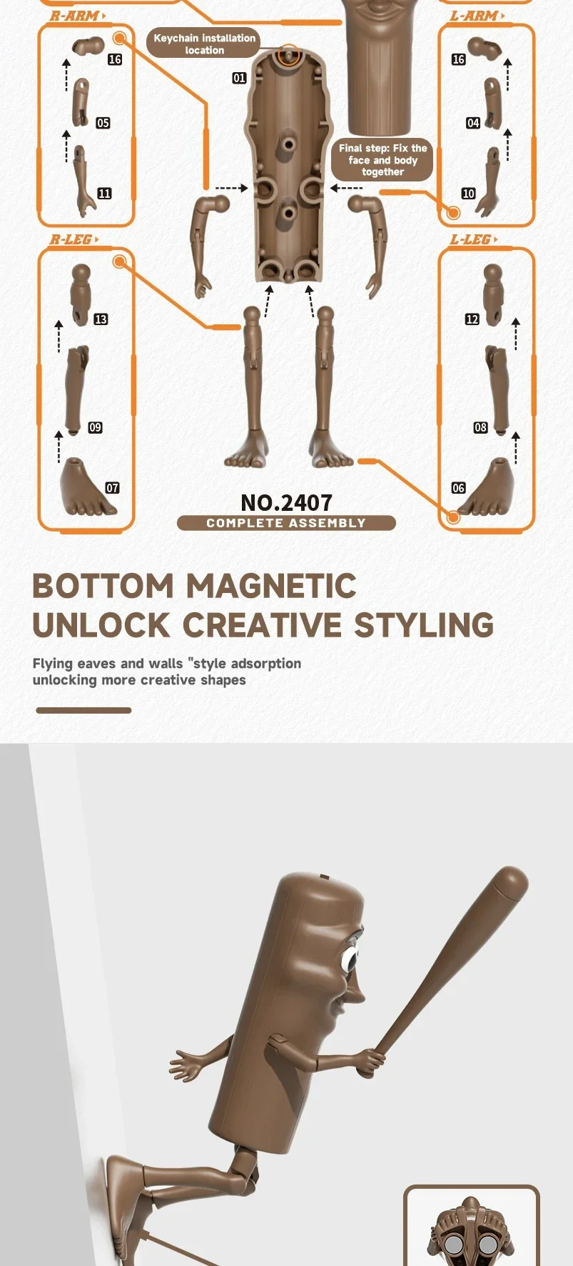 Stressabbauendes Modell Spielzeug Tung Tung Sahur Multi Joint Bewegliches handgemachtes Modell DIY Kreative lustige Animationsfigur Holzstab – Detail 2