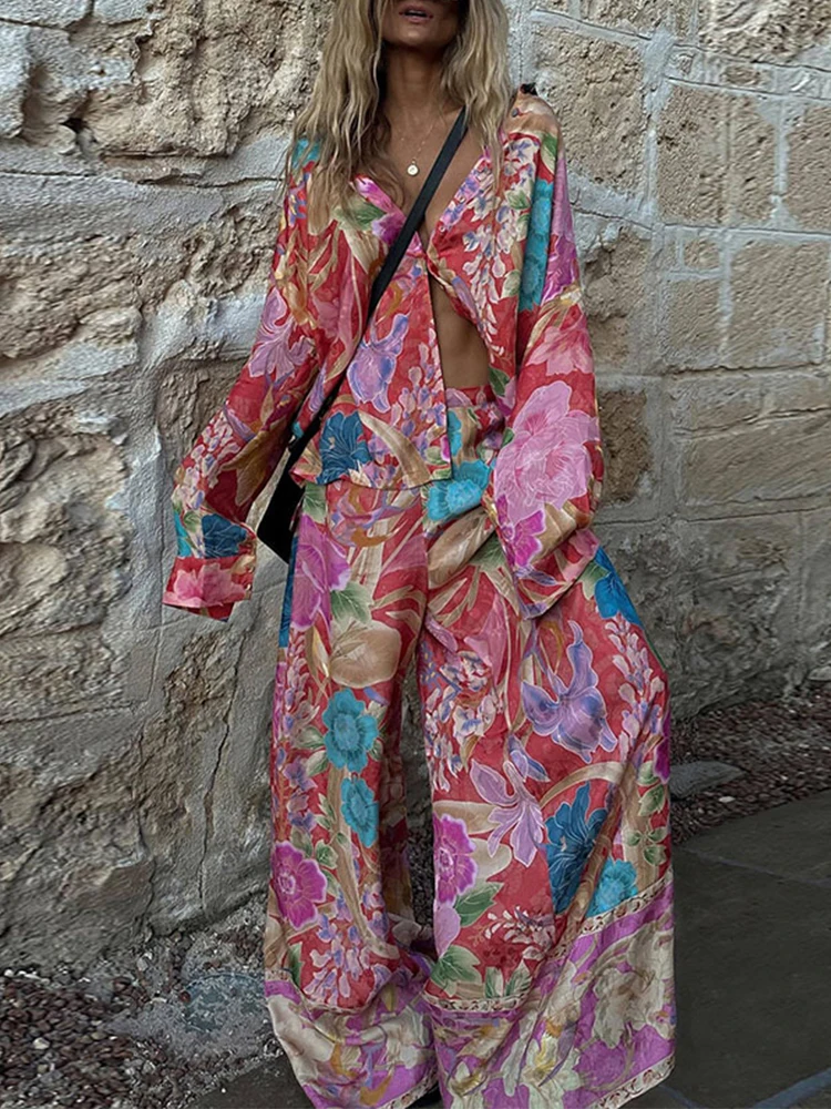 

Casual Loose Bohemian Printed Women's Blouses Pants Sets Colorful Flower Single Breasted Shirt Women Beach Wide Leg Pants Set